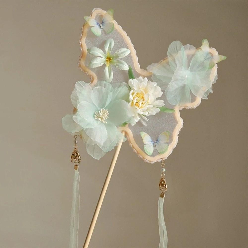 Декоративный веер в китайском стиле Ручной работы Древний веер с цветами Элегантный веер феи Танец в стиле Ханьфу зелёный