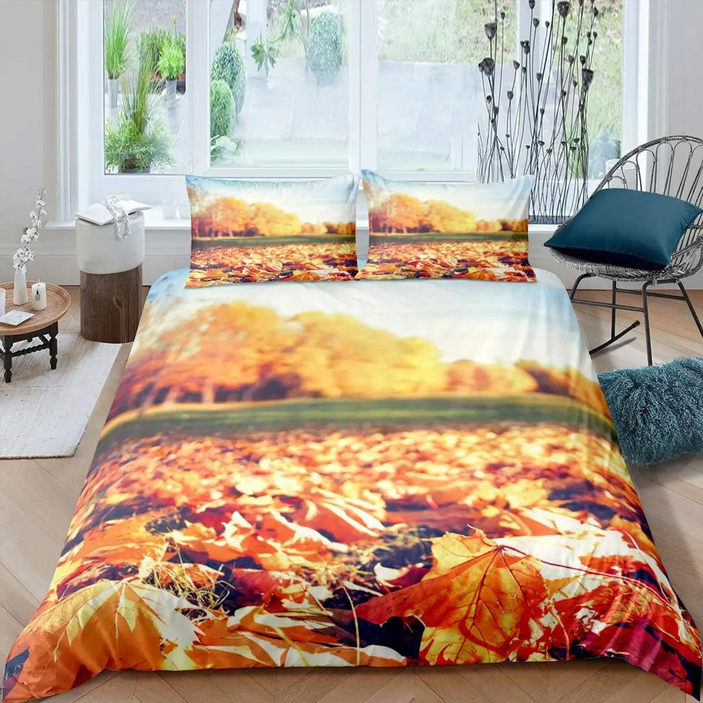 Fall Duvet Cover Seasonal Maple Tree Leaves Botanical Foliage Vibrant Floral Forest Image Decorative 3 Piece Bedding for Women