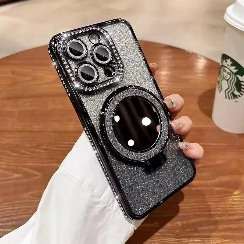 Luxury Diamond Clear Glitter Magsafe Phone Case For iPhone 17 Pro Max 16 11 14 13 12 15 Pro Max Magnetic Holder Stand Soft Cover