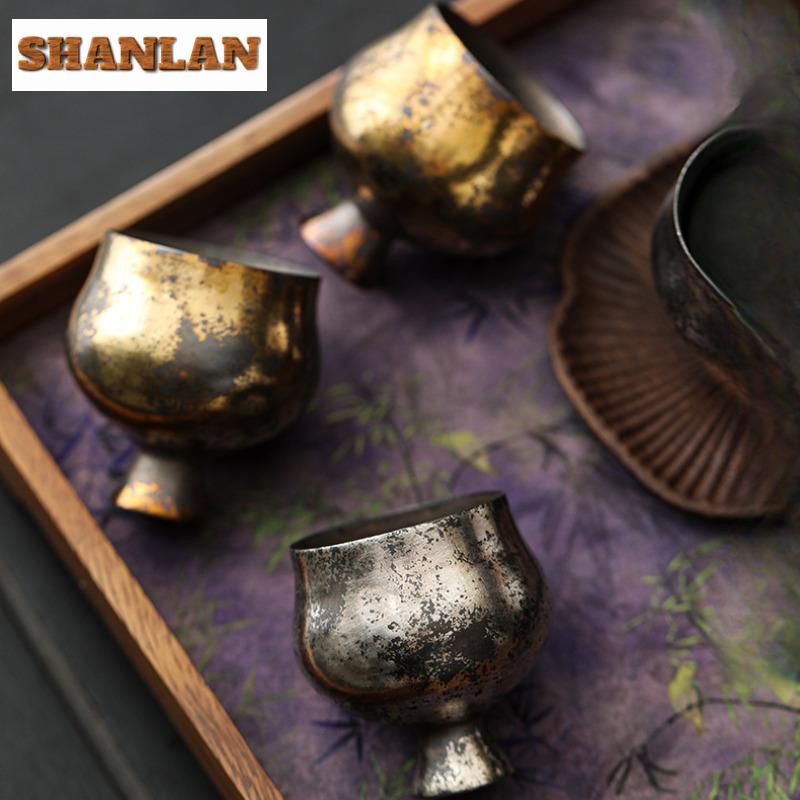 55ml Gilded Silver Ceramic High Footed Teacup Zen Tea Bowl Cute Cup Tea-tasting Meditation Cup Jianzhan Master Cups Cafes Craft