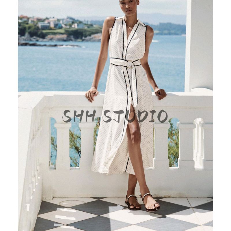 Summer New Women clothes Holiday Style Polka Dot V-neck Sleeveless Midi Length Dress 3689750 8349750