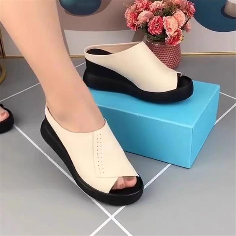 Cool slippers women's spring and summer outer wear 2025 new soft leather thick-soled heightening soft-soled shoes fish mouth shoes one-word slippers