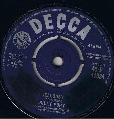 7-Zoll Schallplatte BILLY FURY - Eifersucht 45F11384 Decca 1961 UK Rock Gebraucht