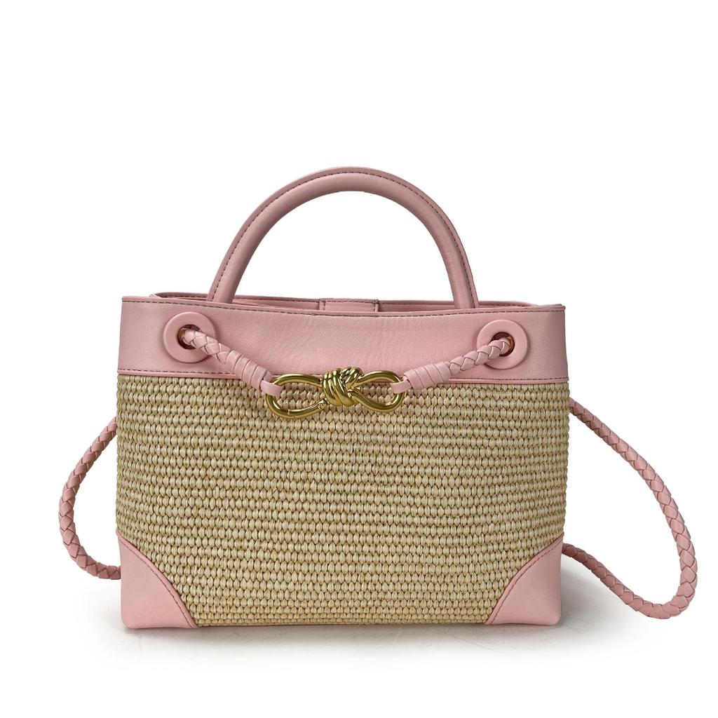 2026 New Eight Character Metal Bow Leather Splicing Lafite Grass Handmade Straw Single Shoulder Crossarm Handbag