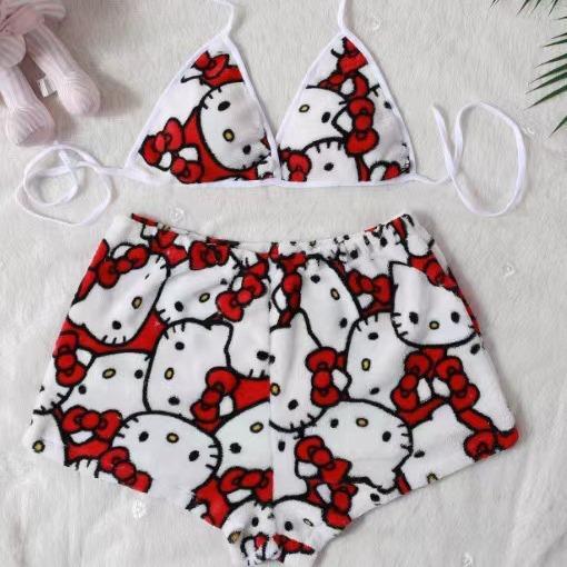 Søtt Hello Kitty Tanktopp og Shorts Pyjamasett for Damer - Sommer Loungewear Nattøy for Avslappet Hjemmebruk