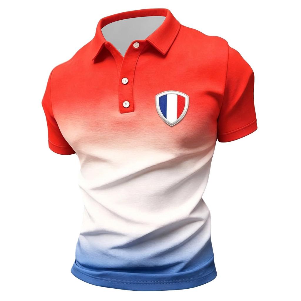 Unisex Casual Short Sleeve Polo Shirt France Print Loose Fit Breathable Lightweight Button Collar Top for Everyday Wear
