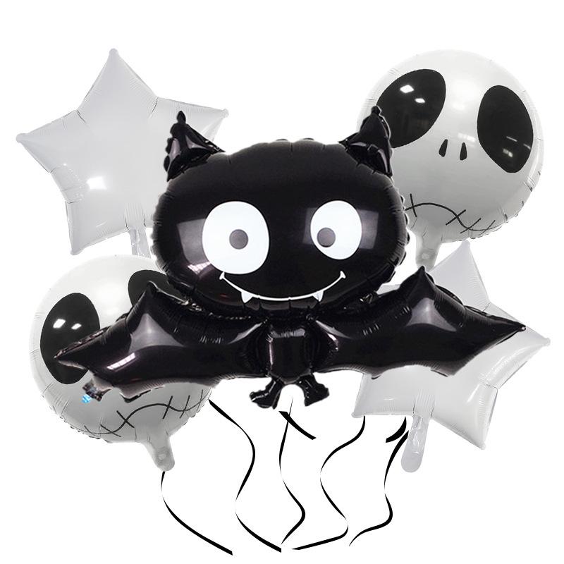Five-Piece Halloween Balloon Set: Pumpkin, Skeleton, and Bat Foil Balloons for Spooky Atmosphere