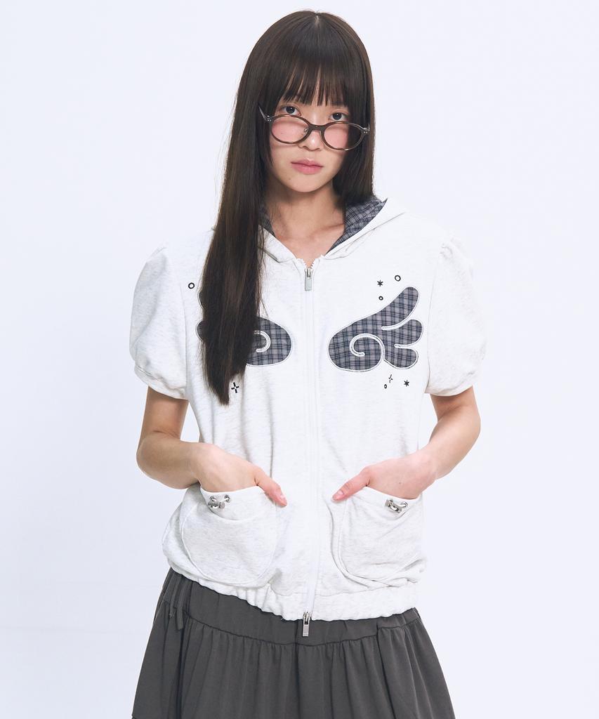 Some Place Angel Hoodie Check Contrast Detail Pocket Drawstring Puff Short Sleeve Zip-Up Hoodie [Baekmerange]