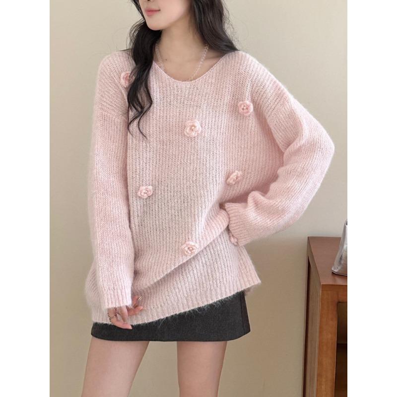 Autumn and winter new soft waxy loose three-dimensional flower knitted sweater top sweet gentle wind sweater pullover woman