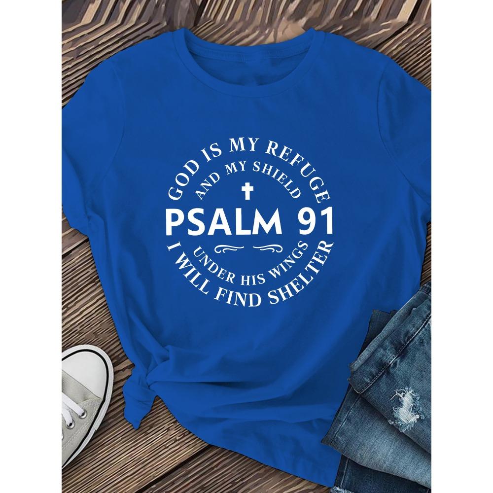 Women's Inspirational God is My Refuge Psalm 91 Printed T-Shirt Soft Stretch Short Sleeve Crew Neck Casual Tee