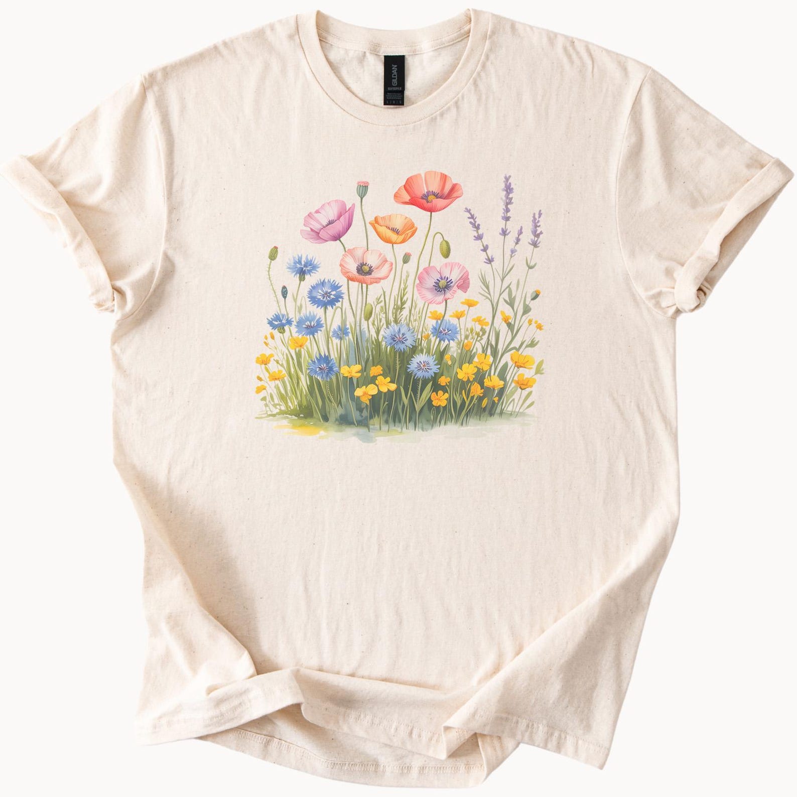 Wildflower Meadow Graphic T Shirt Botanical Floral Poppy Lavender Daisy Nature Inspired Garden Flowers Shirt Soft Cotton Tee 100