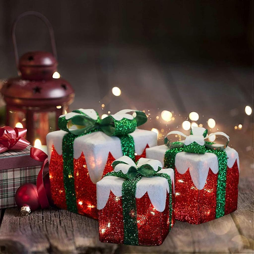 Set of 3 LED gift boxes with Green Bow Christmas gift boxes, party decorations
