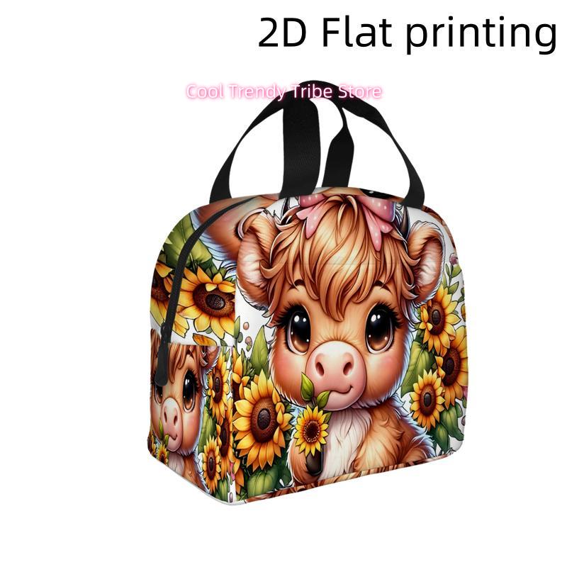1pc, Cute Cow with Sunflowers and Bow Printed Insulated Cooler Bag - Reusable Portable Hot/Cold Bag for Home, Office, Picnic, Un