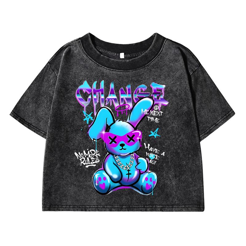 Trendy Rabbit Cartoons Print Women Washed Shrot Clothes Casual Tshirts Street Vintage Tee Tops Cool Distress T Shirts