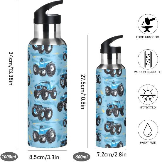 Monster Truck Water Bottle with Straw Lid Double Wall Car Bottle Vacuum Insulated Flask Stainless Steel Water Bottle for Gym Outdoor 20 OZ