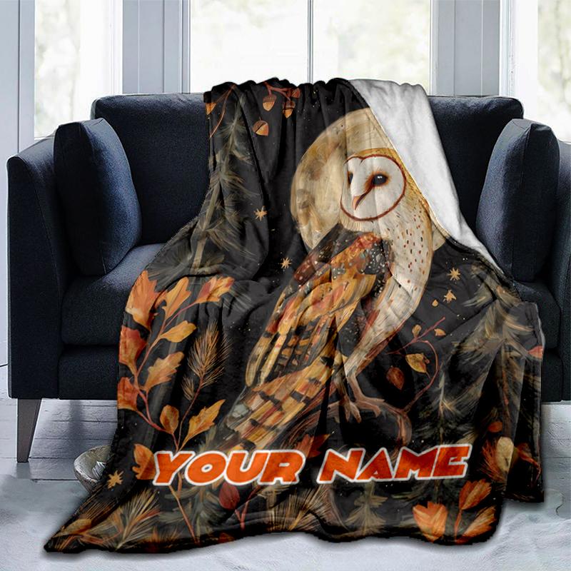 1PC Custom Name Moonlit Forest Owl flannel blanket versatile,all-season throw suitable for the living room,bedroom,camping,travel,and gift