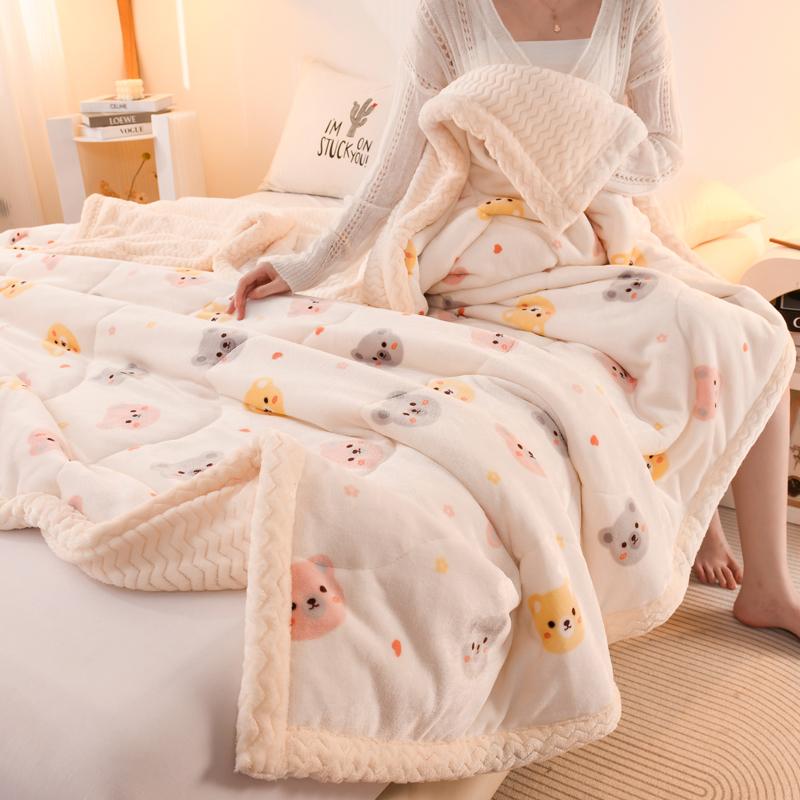 

Утолщенное теплое зимнее одеяло из кораллового флиса для кровати, мультяшное с принтом медведя, двухслойное одеяло из молочного бархата, двойной плюшевый комфортер 1.0x1.5m Kid Size