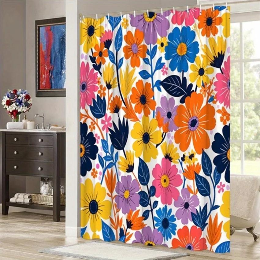 1pc Pop Art Floral Shower Curtain - Vibrant Flowers in Yellow, Orange, Blue, Purple, Pink, Polyester