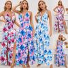 Casual Halter Sleeveless Sexy Dress Blue V-neck Lace-up Beach Dress Summer Flower Printed Long Slit Dress Women Clothing 25231
