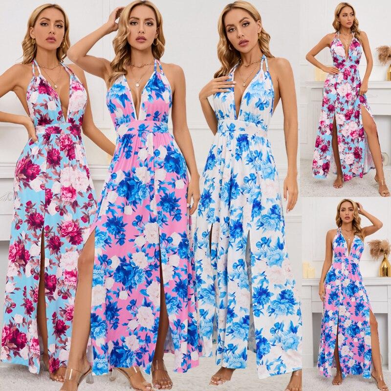 Casual Halter Sleeveless Sexy Dress Blue V-neck Lace-up Beach Dress Summer Flower Printed Long Slit Dress Women Clothing 25231