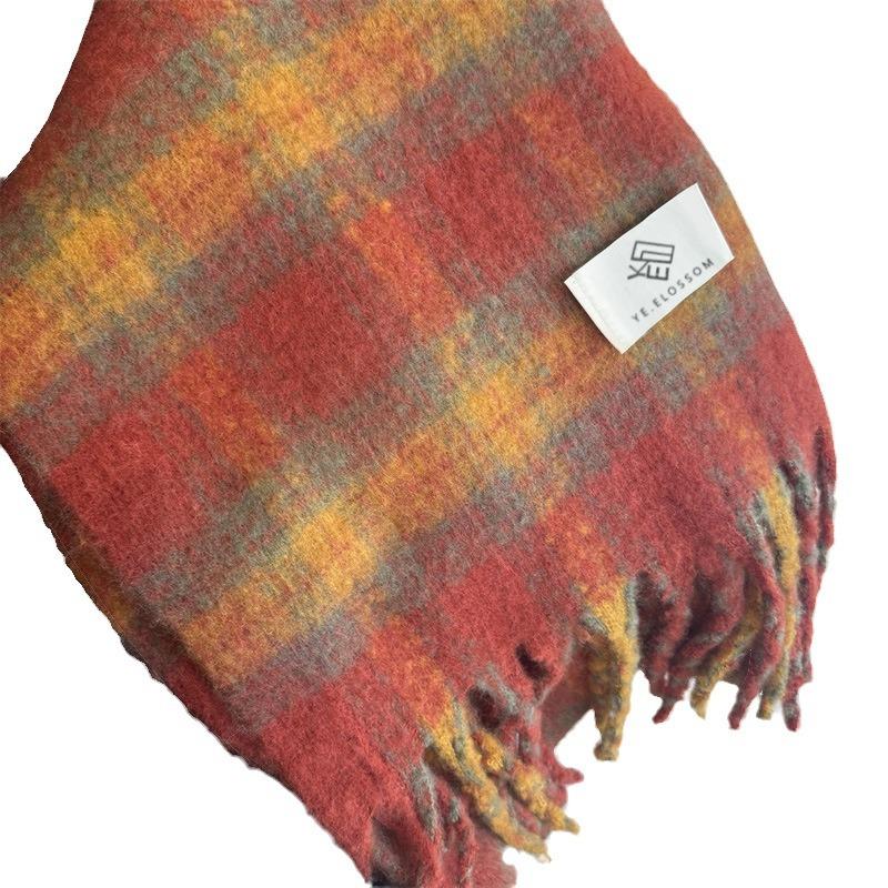 A Thick Long Korean Style Versatile and Warm Autumn and Winter Checkered Tassel Shawl with Mohair