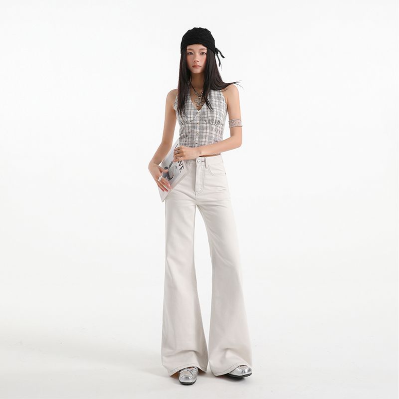 Spring Summer Glacier White Anti See Through Four Way Stretch High Waist Relaxed Micro Flare Full Length Denim Pants Ladies Casual Denim Trousers