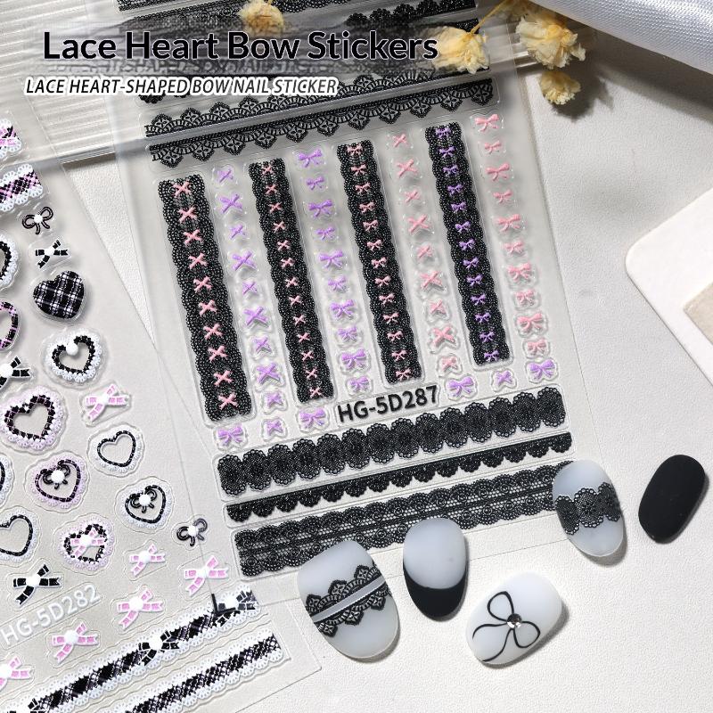 1/3Pcs Bow Lace Nail Stickers With Sweet Hearts Self Adhesive Nail Art Stickers Decals Japanese Winter Knit Lace Decoration