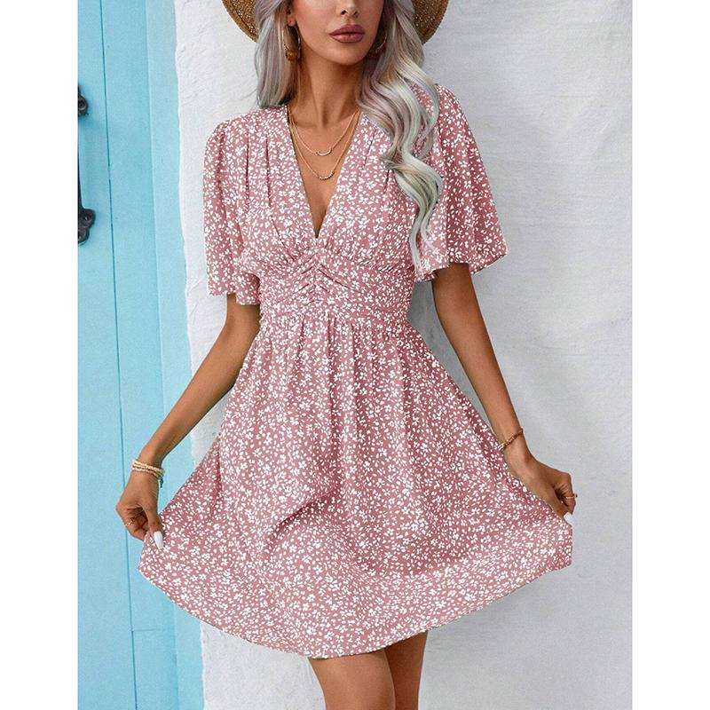 

Летнее новое повседневное платье с V-образным вырезом и коротким рукавом с принтом, женское элегантное плиссированное платье с высокой талией и цветочным принтом, модные облегающие винтажные платья 24560 S розовый