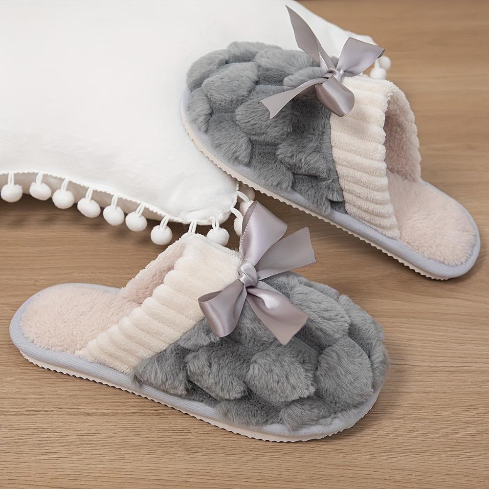 Monochrome Home Warm Slippers, Soft Bottom Fluffy Flat Bow Decorative Shoes, Winter Plush Comfortable Non-slip Shoes