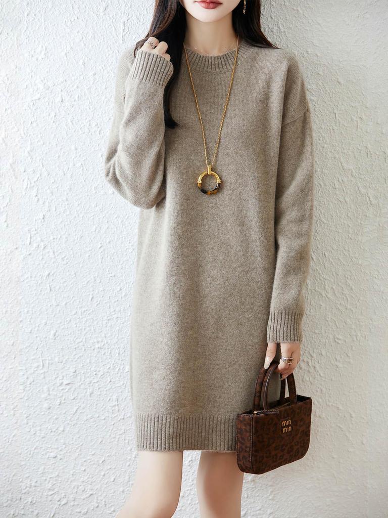 Autumn/Winter 2025 Women's Wool Mid-Length Loose Sweater Dress - Round Neck Knit Style.