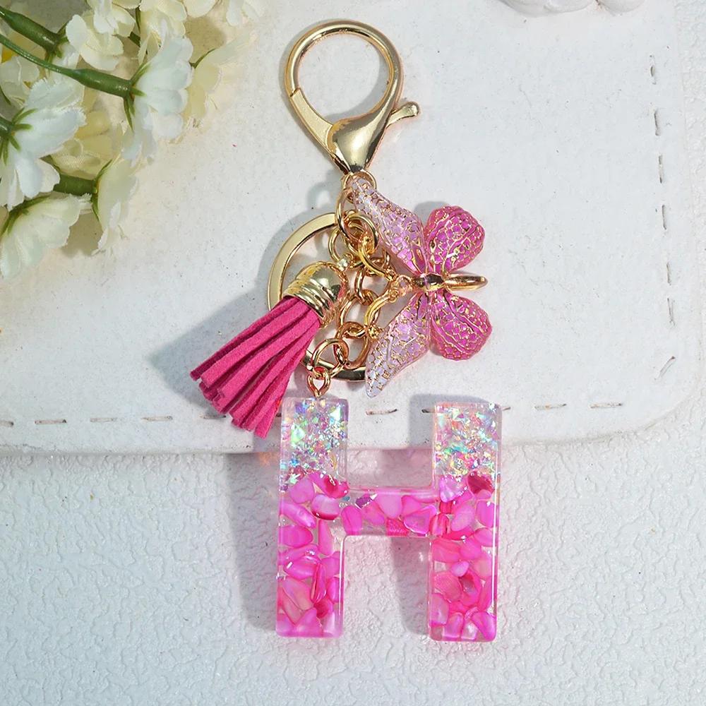 Gradient Pink Jewelry Letter Keyring Resin Letter Keychain with Fringe Butterfly DIY Bag Decoration Pendant Party Gift