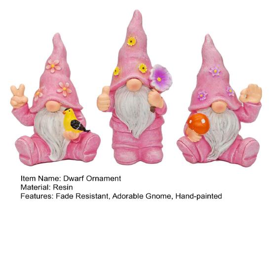 3 Pcs/Set Flower Gnome Figurines Collectible Dwarf Wearing Floral Hat Ornaments Desktop Gnome Statues for Home Cabinet Shelf Decorations