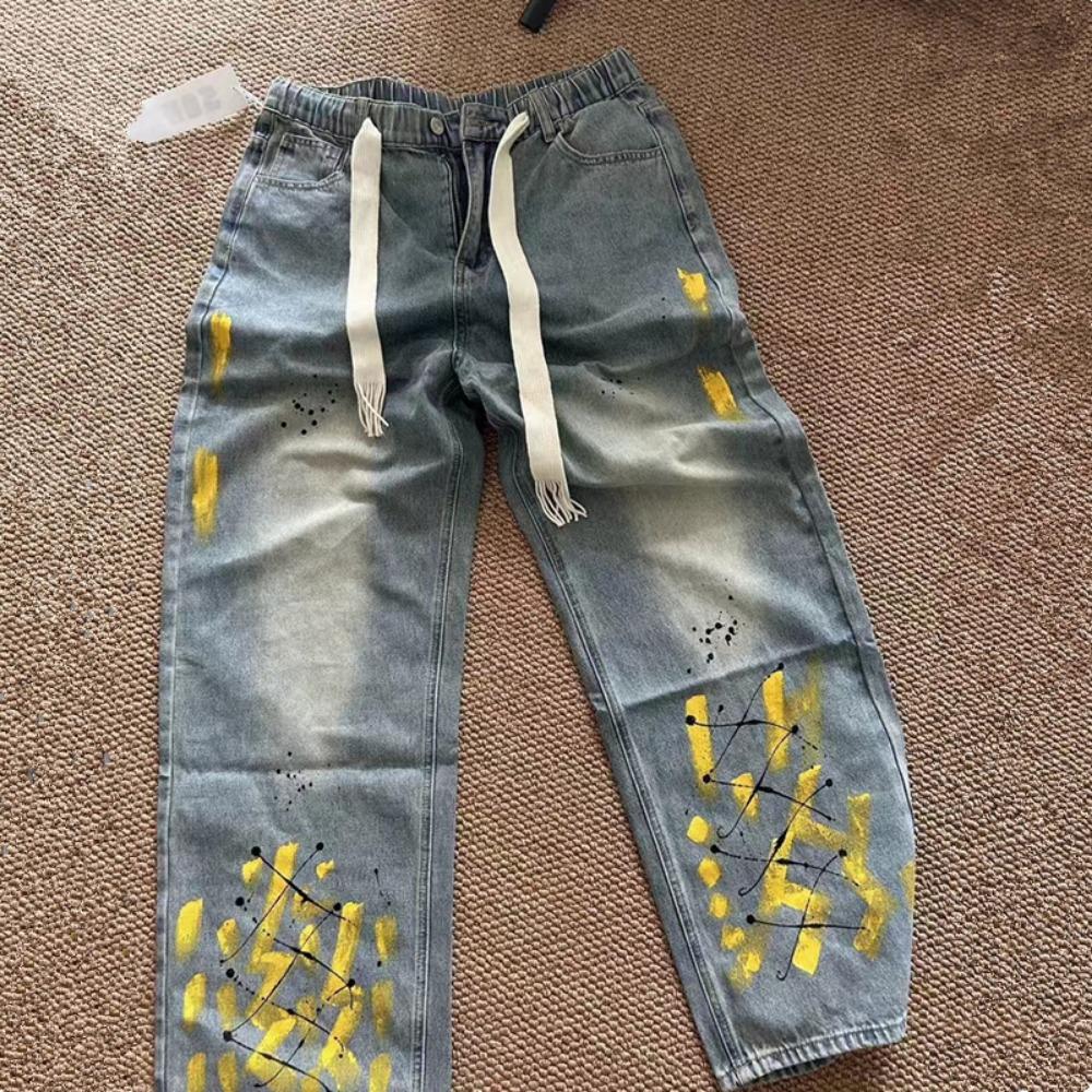 New Washed Jeans for Autumn and Winter Men Hand-painted Inkjet Print Fashionable and Versatile Old Casual Straight Pants
