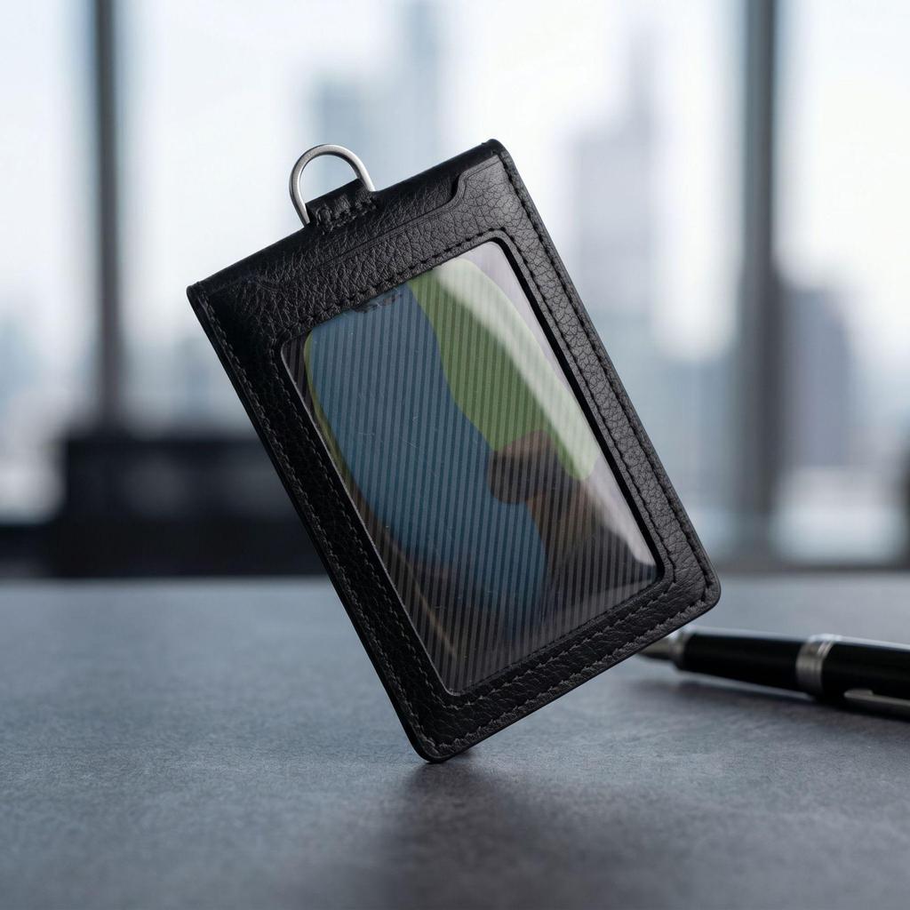 Leather Work ID Badge Holder with Foldable Magnetic Closure