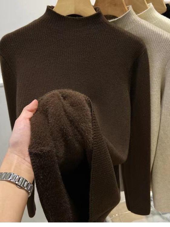 Women's Thick Velvet Half-High Collar Pullover: Slim Fit, Warm Autumn/Winter Knit Top
