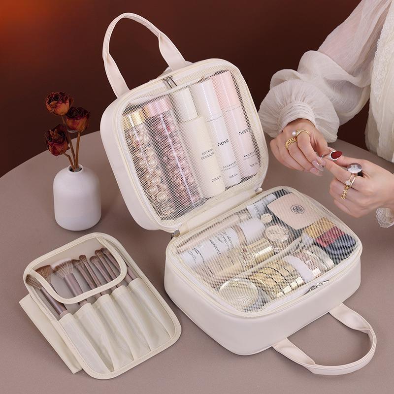 Multifunctional Makeup Bag for Women PU Leather Large Capacity Portable Double Zipper Travel Makeup Brush Toiletries Storage Bag