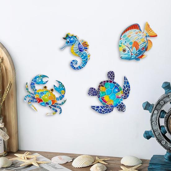4 Pcs Wooden Beach Wall Decor Colorful Sea Turtle Fish Crab Seahorse Outdoor Sculptures Ocean Theme Wall Art for Garden Fence Home Wall Decor