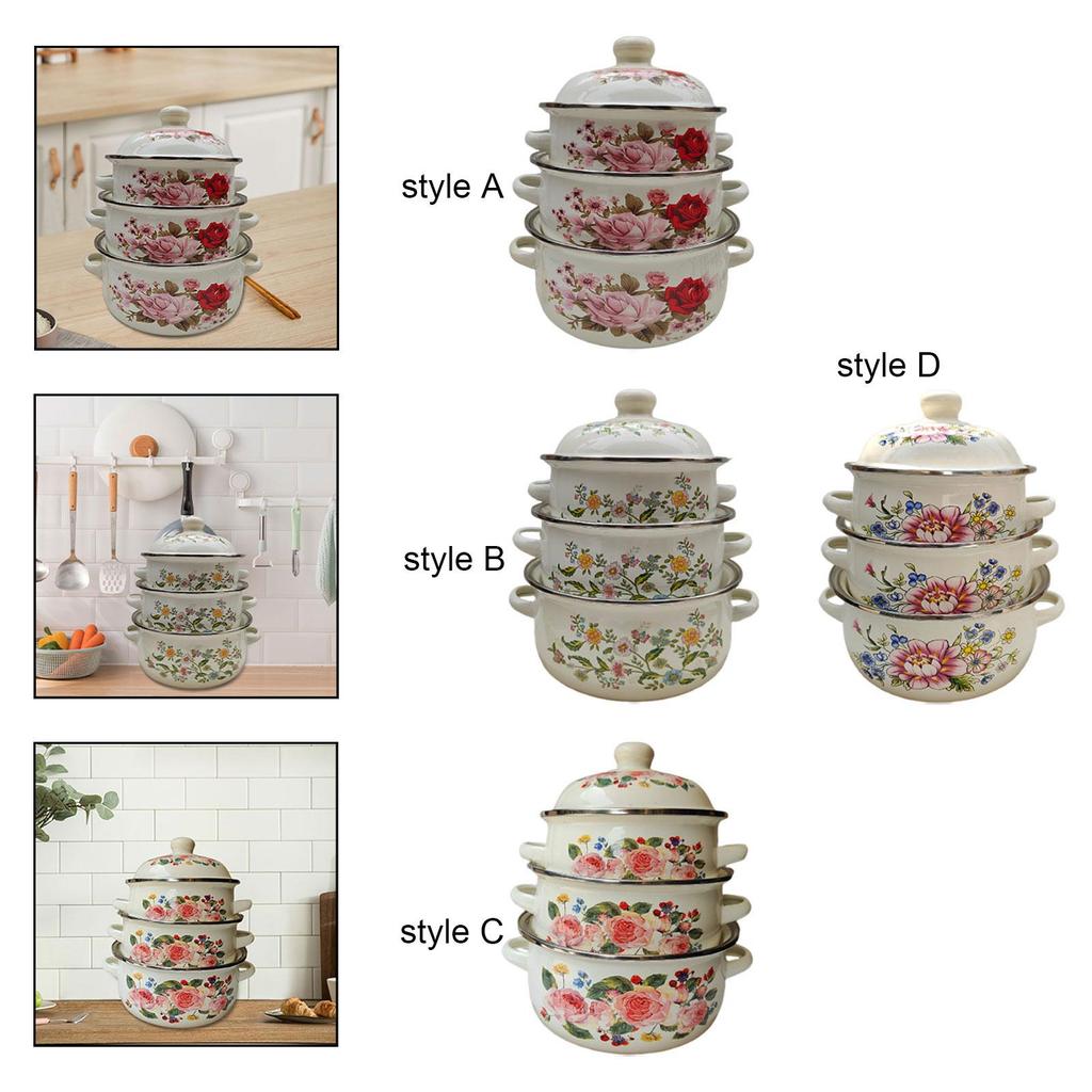 3x Enamel Stockpots Simmering Pot Cookware Vintage Design Cooking Pots for Cooking Induction Cookers Gas Furnaces Kitchen Dining