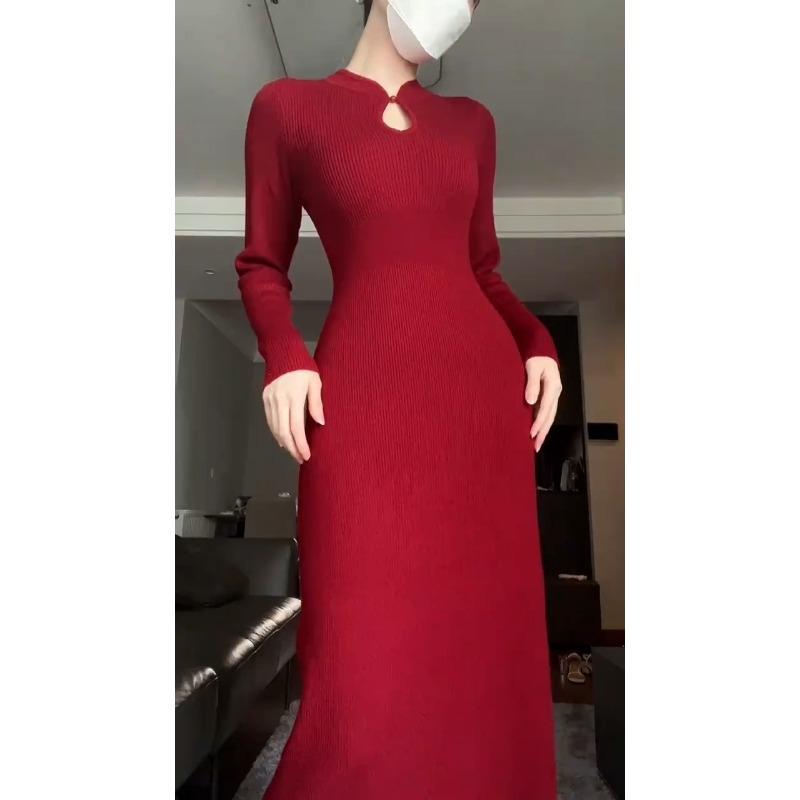 Back Toast Dress Morning Robe Female Bride Improved Cheongsam Engagement Dress Red Knitted Banquet Dress