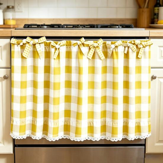 Oven Curtain, with Tie-Down Straps, Vintage Style, Easy Fastening Farmhouse Oven Door Ruffled Stove Skirt Curtain for Kitchen