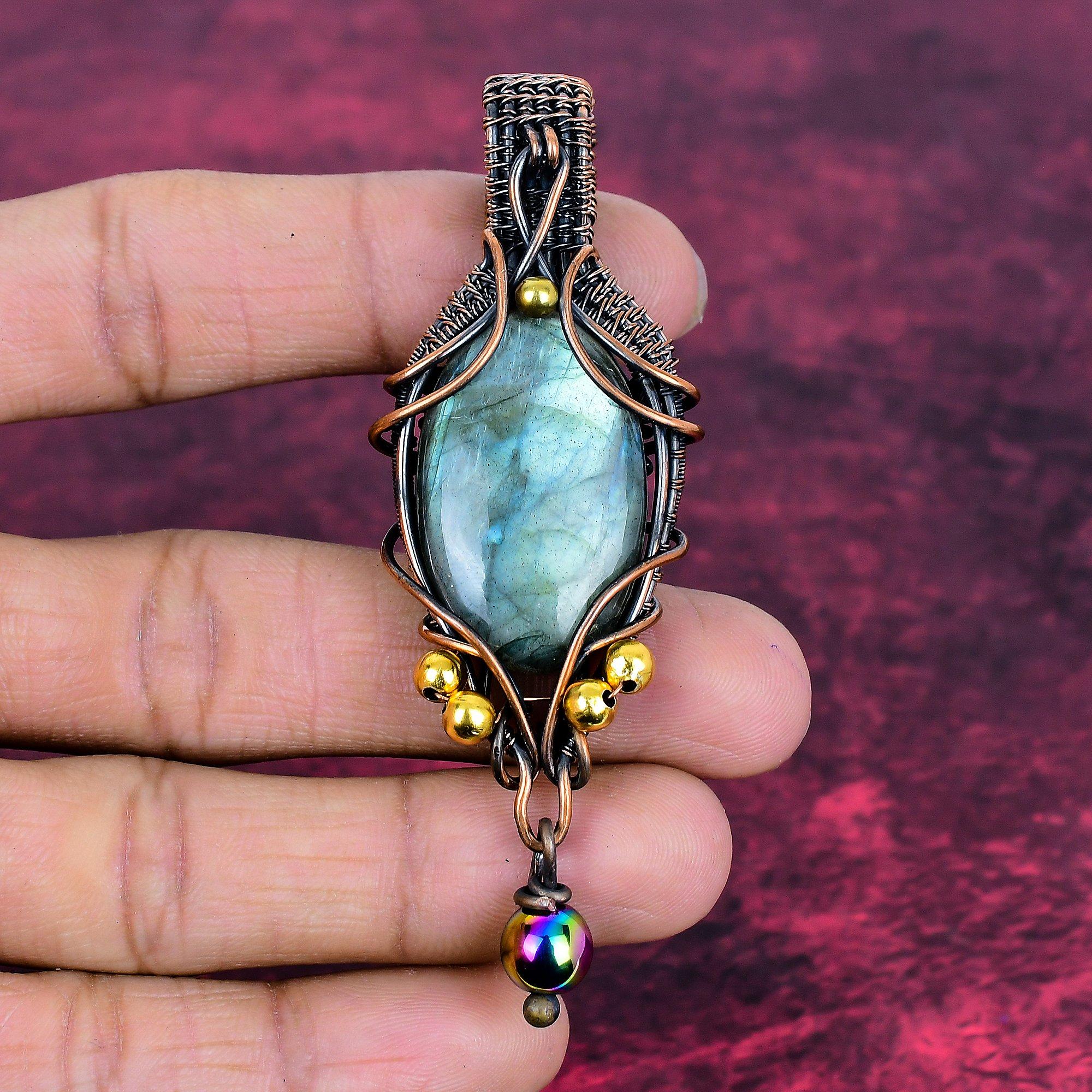 Labradorite Natural Gemstone Pendant Copper Wire Wrapped Jewelry Handmade Pendant