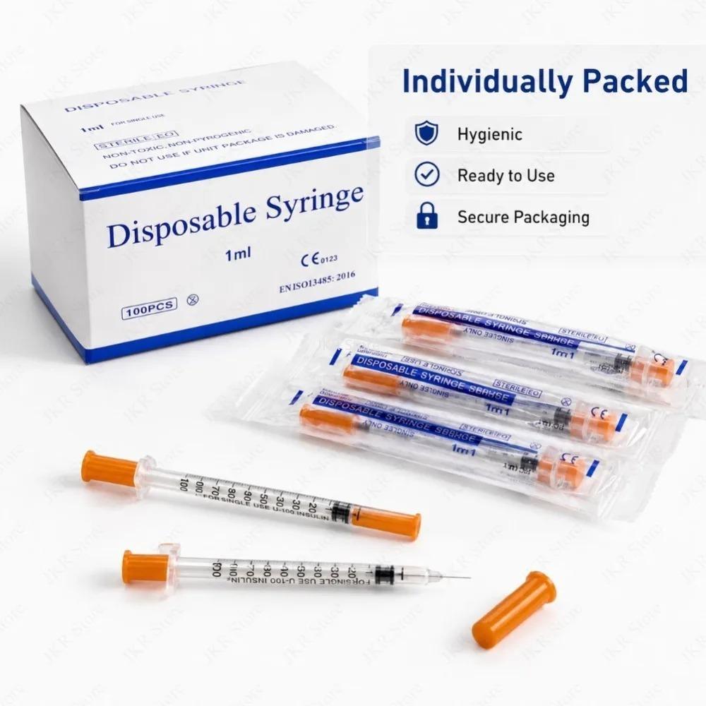 Sterile Veterinary Syringe 0.5ML/1ML Disposable Plastic Needle Orange Cap for Pet Livestock Feeding Care Use