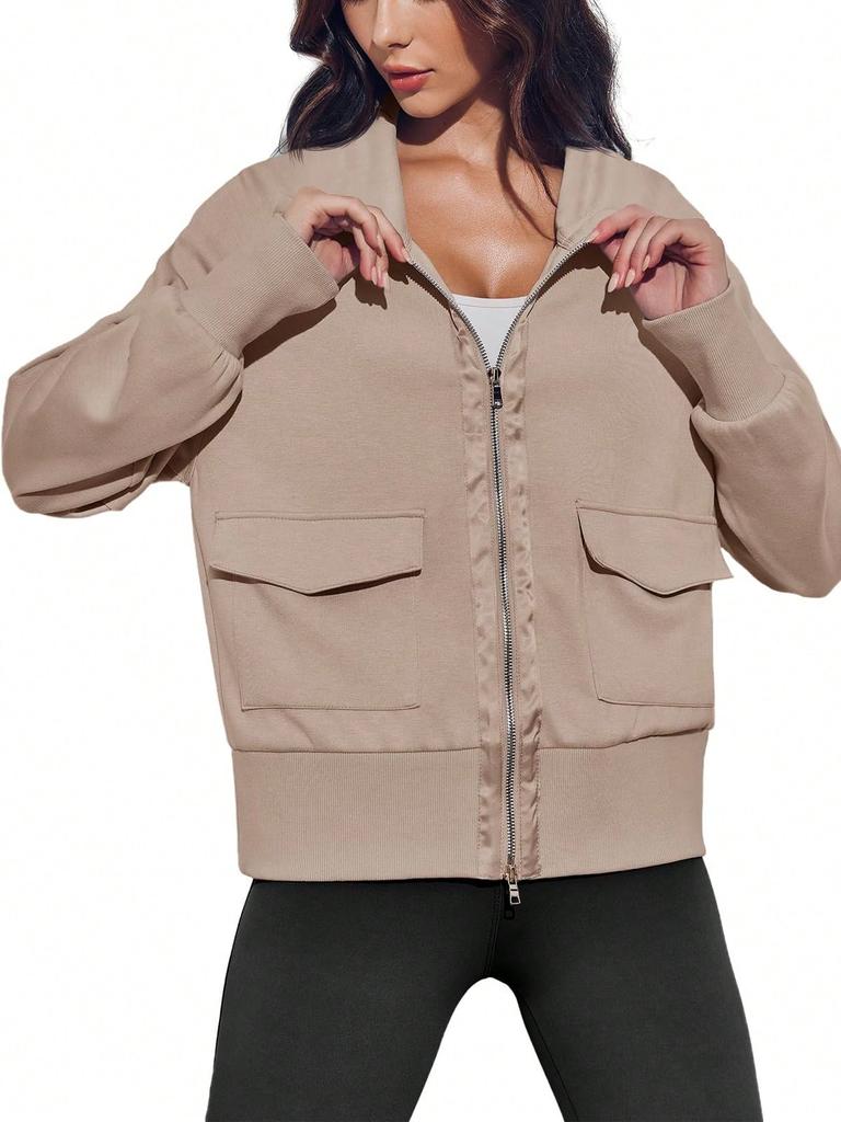 Women's Lightweight Zip Up Sweatshirt Jacket Collared Pocket Casual Outdoor Coat for Running Hiking Travel