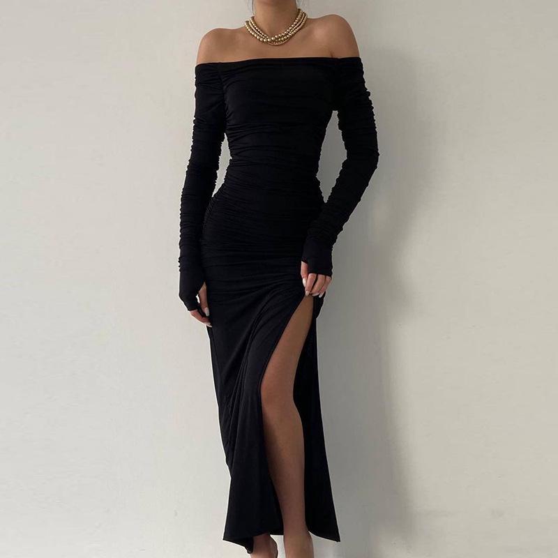 Europäischer & Amerikanischer Stil Sexy Einfarbig Enganliegend Langärmlig Winterkleid für Damen