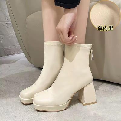 Elegant French Style Women's High Heel Boots Slim Fit Short Boots Fleece Lining White New Arrival  Autumn Winter