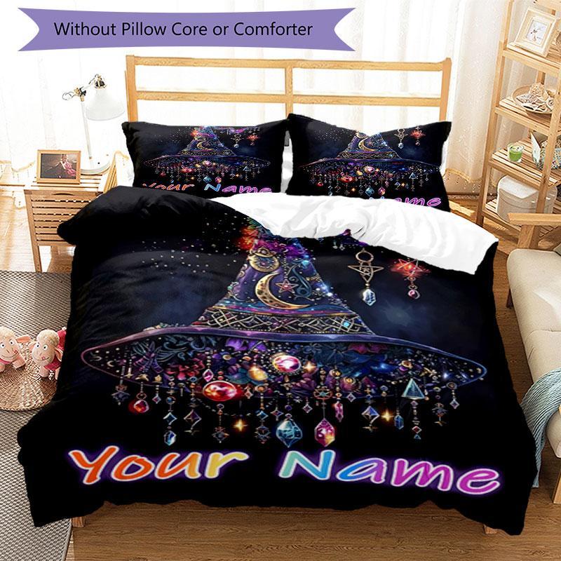3pcs Custom Name Magical Hat Bedding Set Printed Bedding Set Duvet Cover Closure Includes 1 Duvet Cover & 2 Pillowcases Bedroom Decor