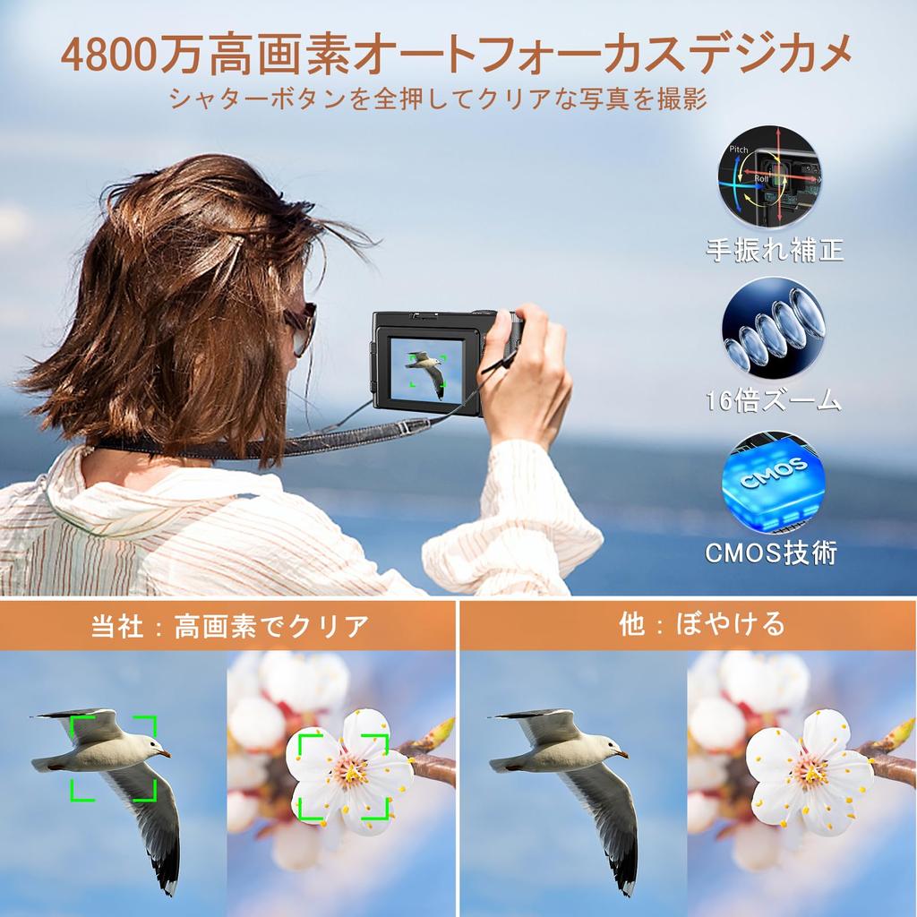 4K Digital Camera with 48 Megapixels, 4K Resolution, Autofocus, Macro Photography, 16x Digital Zoom, Large 3-inch Screen, 180-Degree Rotation, Spare