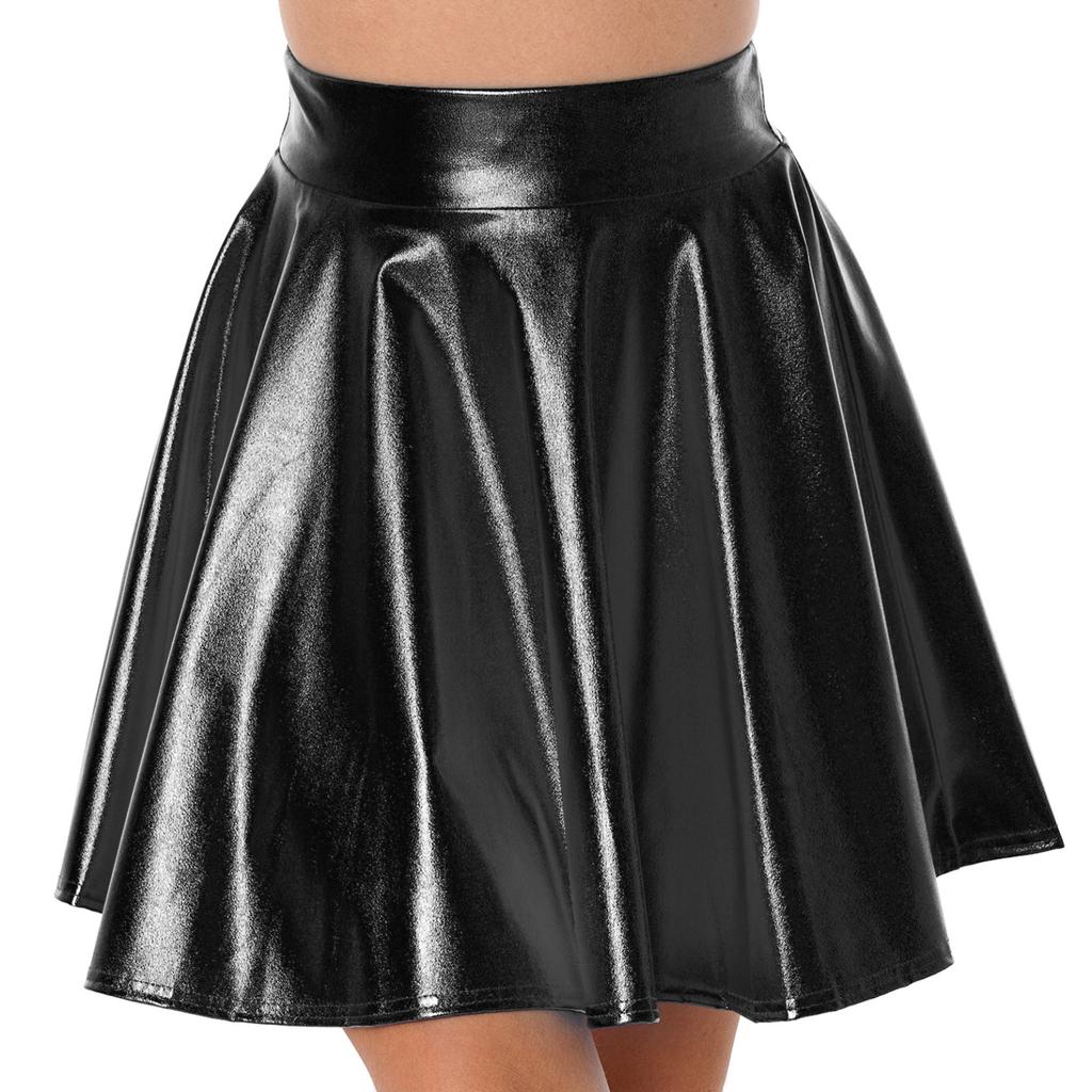 Womens Shiny Metallic Ruffle Glossy Mini Skirts Punk Party Clubwear Streetwear High Waist Flare Skirt Rave Cocktail Costume