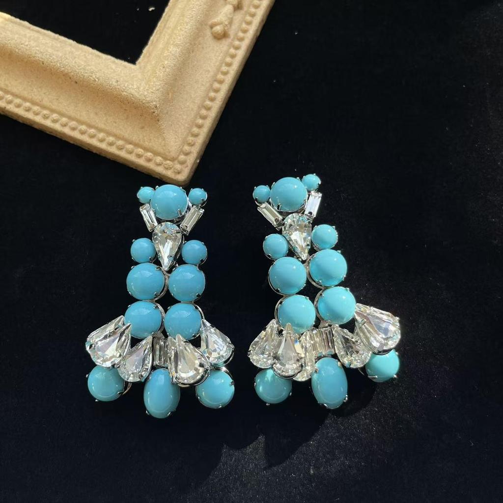 Vintage Blue Teardrop Diamond Necklace & Earrings Set with 925 Silver for Women