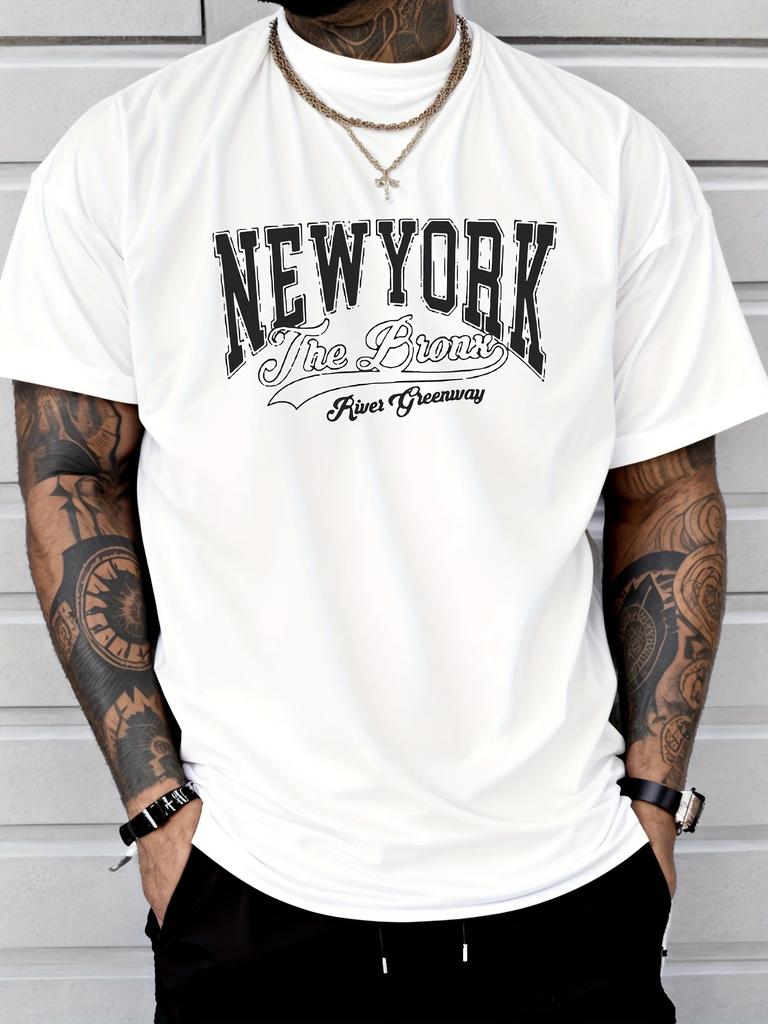 ' New York' Creative Print Men's Casual T-Shirt, Summer Fashion Crew Neck Short Sleeve Top, Modern Streetwear Style For Men